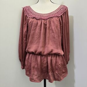 EASEL size Large Pleated‎ Embellished Satin Elastic Waist Tunic Rose Mauve